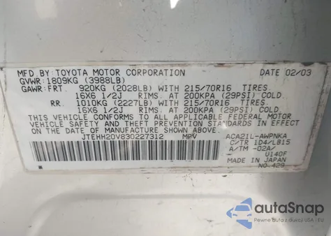 2003 Toyota Rav4 z USA, uszkodzony, nr VIN JTEHH20V830227312